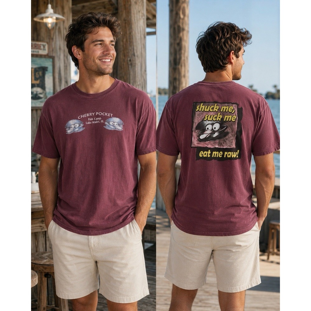 Gildan Cherry Pocket Fish Camp Lake Wales FL Funny Oyster Graphic T-Shirt 2XL